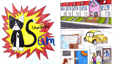 Links das farbenfrohe Cover des prämierten Comics „Unsinkable Sam“ mit einer gezeichneten Katze vor gelb-rotem explosivem Hintergrund; rechts die erste Comicseite mit Panels, die eine Szene im heutigen London zeigen, inklusive Dialog und Stadtansicht.