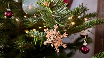 Nahaufnahme eines geschmückten Weihnachtsbaums mit grünem Tannenzweig im Vordergrund. Daran hängt ein handgefertigter Strohstern in Form einer Schneeflocke. Im Hintergrund sind kleine, warme Lichterketten und rote Christbaumkugeln zu sehen